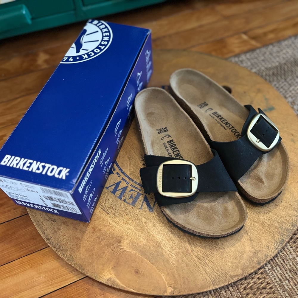 Birkenstock Madrid Big Buckle Nubuck Leather Black Sandals Gold 7 7.5 38 - Picture 6 of 6